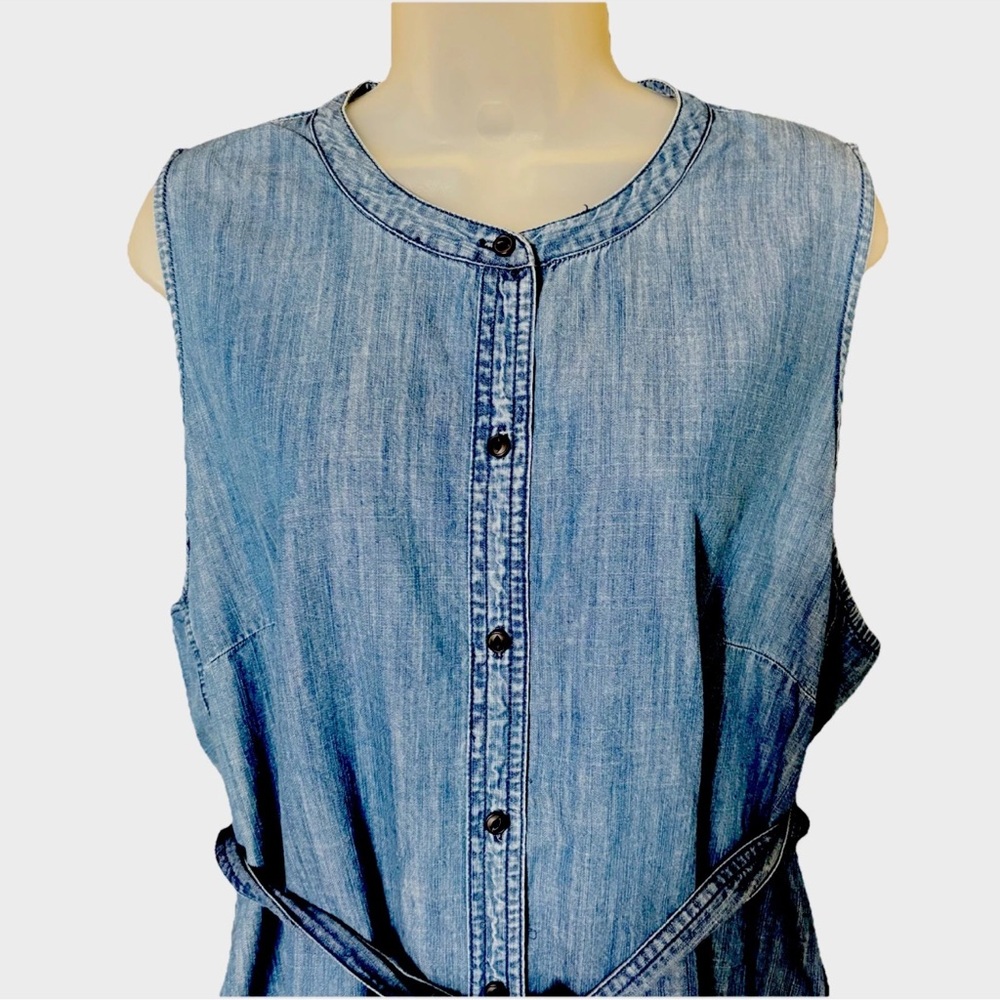 J. Crew 2X Shirt Dress Chambray Blue Tie Waist Belted Button Front Crew Neck - Picture 3 of 12